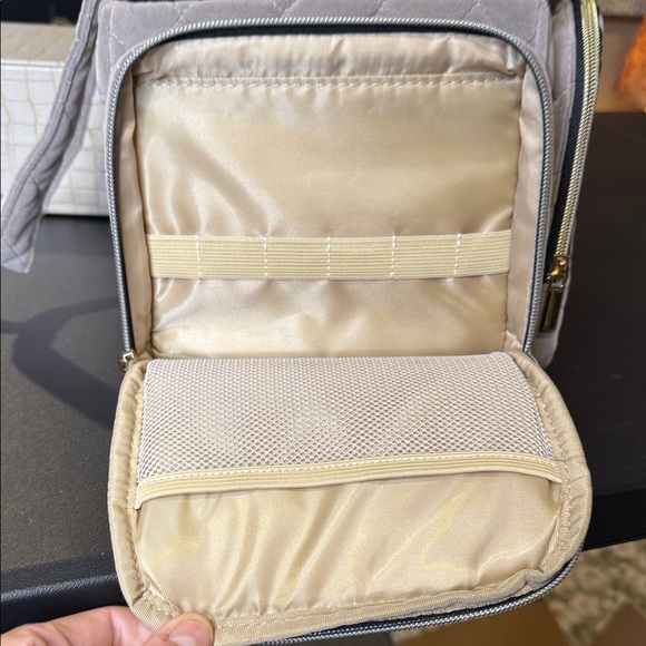 Quilted Gray Makeup Bag with Gold Accents.  Several Pockets With Ample Storage - Picture 9 of 9